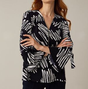 Joseph Ribkoff Midnight Blue / Vanilla Zip-Up Printed Top Style 221190 Size 18